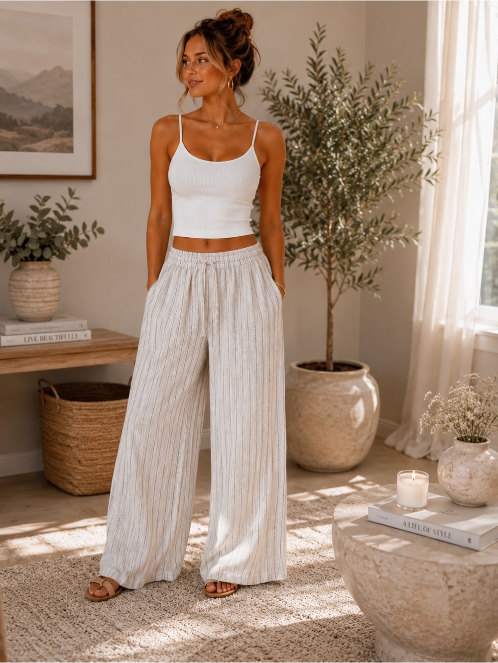 Max Studio Women's Flowy Wide Leg Pants Size Medium - Cream Pinstripe Drawstring